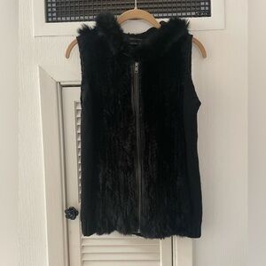 BCBG Maxazria Vest Hooded Pockets Rabbit Fur Full Zip Knit Black Size S​